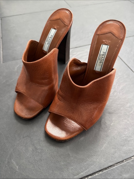 Prada Shoes - Prada Cognac Leather Open-Toe Mule Heels
